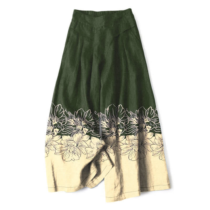 Buddha Stones Pantaloni da donna a gamba larga con elastico in vita e tasche, in cotone e lino, con fantasia floreale vintage. - Verde oliva scuro - US16, UK/AU20, EU48 (3XL) - image 4