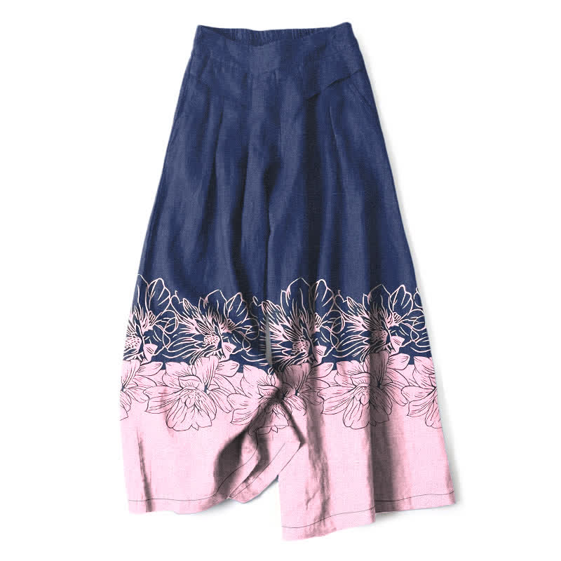 Buddha Stones Pantaloni da donna a gamba larga con elastico in vita e tasche, in cotone e lino, con fantasia floreale vintage. - Marina - US16, UK/AU20, EU48 (3XL) - image 6