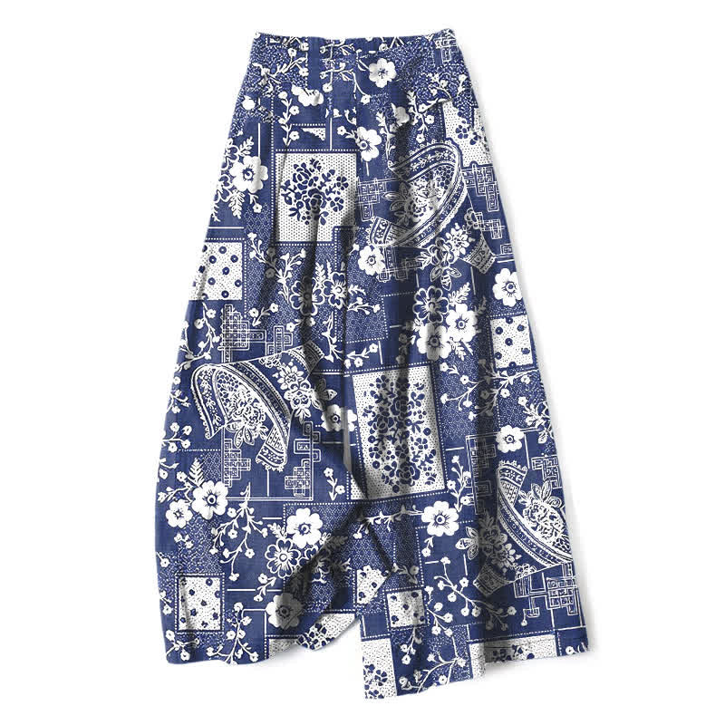 Buddha Stones Pantaloni da donna a gamba larga con elastico in vita e tasche, in cotone e lino, con motivo vintage floreale e geometrico patchwork. - Marina - US16, UK/AU20, EU48 (3XL) - image 0