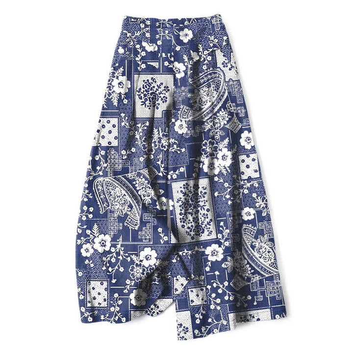 Buddha Stones Pantaloni da donna a gamba larga con elastico in vita e tasche, in cotone e lino, con motivo vintage floreale e geometrico patchwork. - Marina - US16, UK/AU20, EU48 (3XL) - image 0