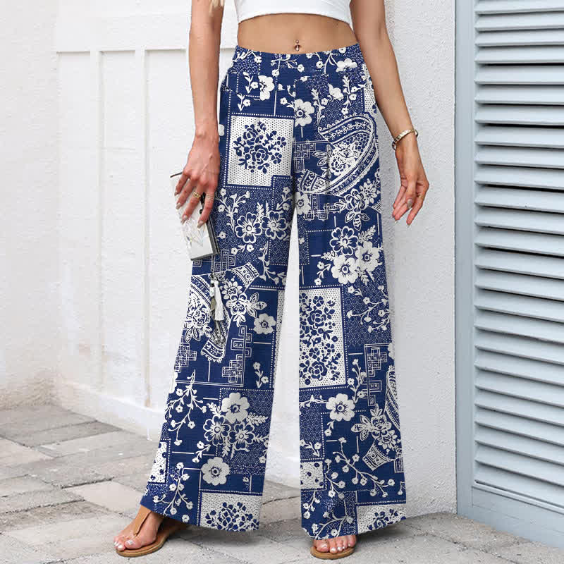 Buddha Stones Pantaloni da donna a gamba larga con elastico in vita e tasche, in cotone e lino, con motivo vintage floreale e geometrico patchwork. - image 1