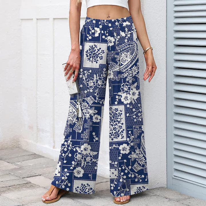 Buddha Stones Pantaloni da donna a gamba larga con elastico in vita e tasche, in cotone e lino, con motivo vintage floreale e geometrico patchwork. - image 1