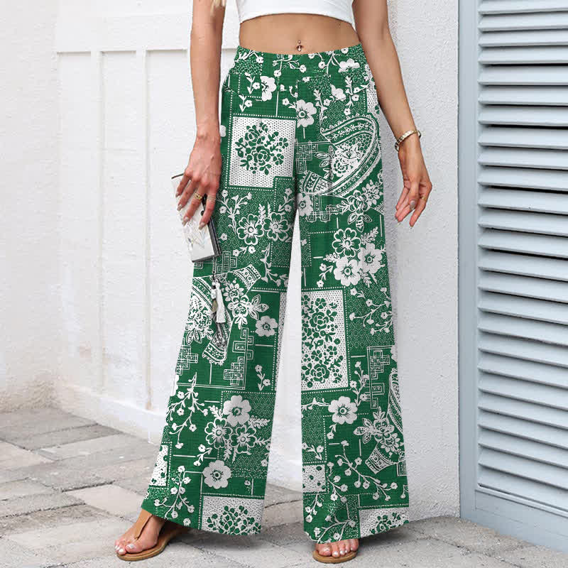Buddha Stones Pantaloni da donna a gamba larga con elastico in vita e tasche, in cotone e lino, con motivo vintage floreale e geometrico patchwork. - image 5