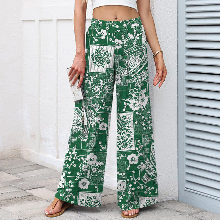 Buddha Stones Pantaloni da donna a gamba larga con elastico in vita e tasche, in cotone e lino, con motivo vintage floreale e geometrico patchwork. - image 5