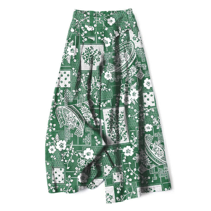 Buddha Stones Pantaloni da donna a gamba larga con elastico in vita e tasche, in cotone e lino, con motivo vintage floreale e geometrico patchwork. - Verde mare - US16, UK/AU20, EU48 (3XL) - image 4