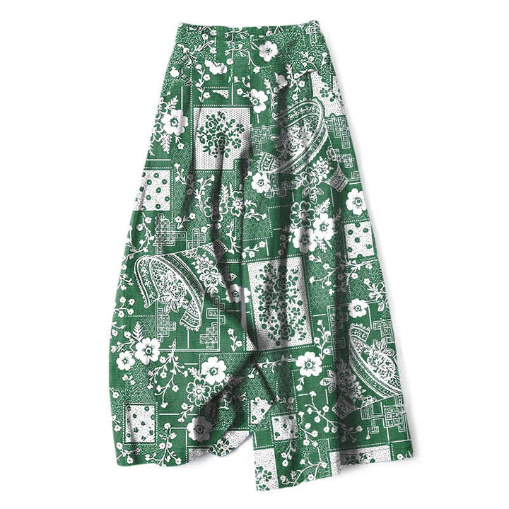 Buddha Stones Pantaloni da donna a gamba larga con elastico in vita e tasche, in cotone e lino, con motivo vintage floreale e geometrico patchwork. - Verde mare - US16, UK/AU20, EU48 (3XL) - image 4