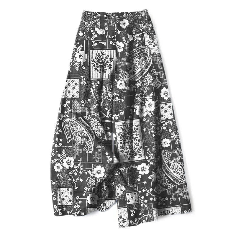 Buddha Stones Pantaloni da donna a gamba larga con elastico in vita e tasche, in cotone e lino, con motivo vintage floreale e geometrico patchwork. - Nero - US16, UK/AU20, EU48 (3XL) - image 6