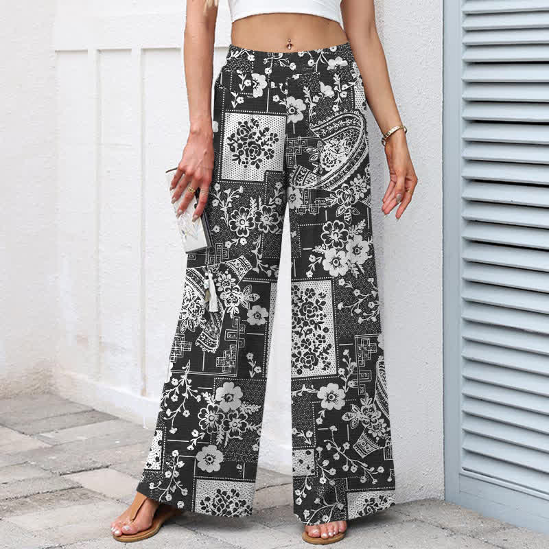 Buddha Stones Pantaloni da donna a gamba larga con elastico in vita e tasche, in cotone e lino, con motivo vintage floreale e geometrico patchwork. - image 7