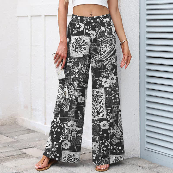 Buddha Stones Pantaloni da donna a gamba larga con elastico in vita e tasche, in cotone e lino, con motivo vintage floreale e geometrico patchwork. - image 7