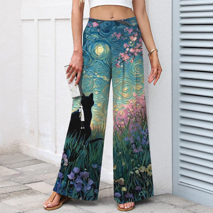Buddha Stones Pantaloni da donna in cotone e lino con elastico in vita e gamba larga, fantasia "Foresta Incantata con Gatto Nero", con motivo a foresta incantata e tasche. - image 1