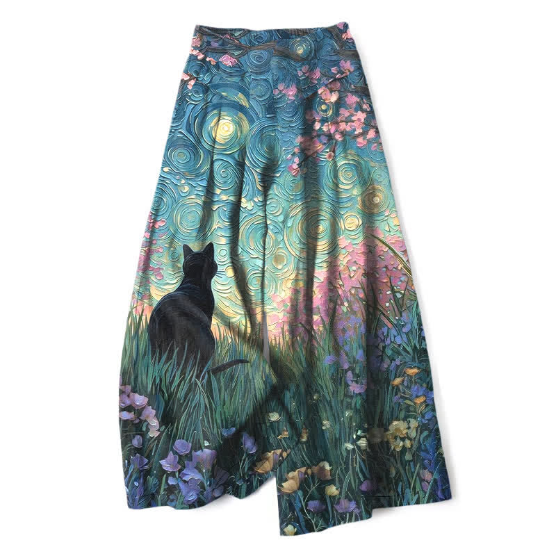 Buddha Stones Pantaloni da donna in cotone e lino con elastico in vita e gamba larga, fantasia "Foresta Incantata con Gatto Nero", con motivo a foresta incantata e tasche. - Cadetto Blu - US16, UK/AU20, EU48 (3XL) - image 0