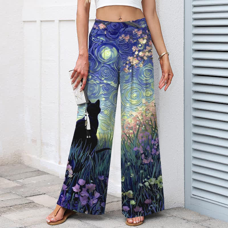 Buddha Stones Pantaloni da donna in cotone e lino con elastico in vita e gamba larga, fantasia "Foresta Incantata con Gatto Nero", con motivo a foresta incantata e tasche. - image 5