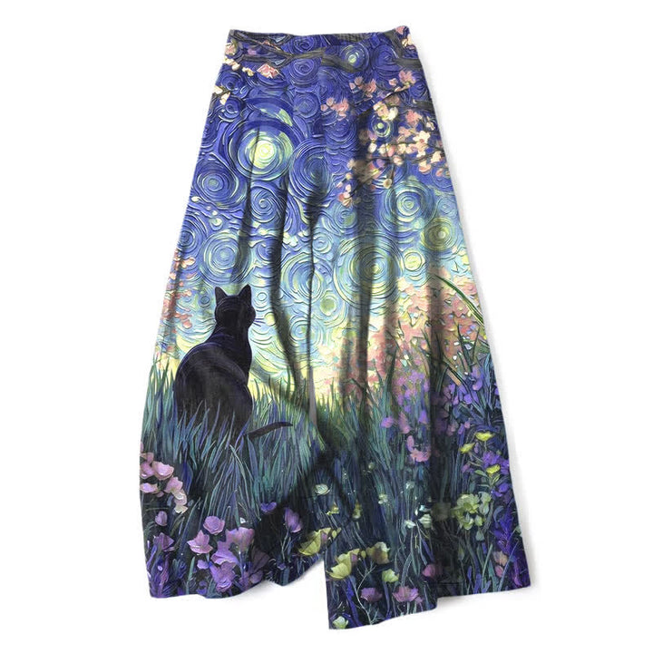 Buddha Stones Pantaloni da donna in cotone e lino con elastico in vita e gamba larga, fantasia "Foresta Incantata con Gatto Nero", con motivo a foresta incantata e tasche. - Blu Ardesia - US16, UK/AU20, EU48 (3XL) - image 4