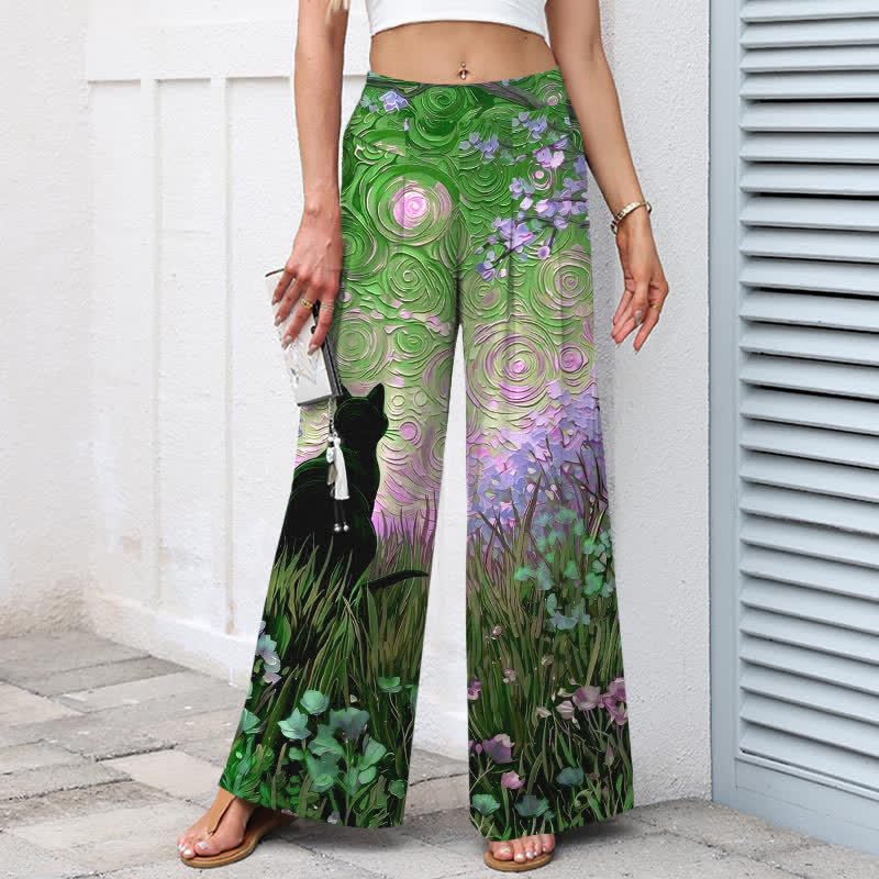 Buddha Stones Pantaloni da donna in cotone e lino con elastico in vita e gamba larga, fantasia "Foresta Incantata con Gatto Nero", con motivo a foresta incantata e tasche. - image 7