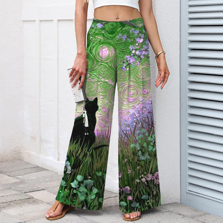 Buddha Stones Pantaloni da donna in cotone e lino con elastico in vita e gamba larga, fantasia "Foresta Incantata con Gatto Nero", con motivo a foresta incantata e tasche. - image 7