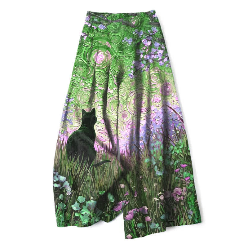 Buddha Stones Pantaloni da donna in cotone e lino con elastico in vita e gamba larga, fantasia "Foresta Incantata con Gatto Nero", con motivo a foresta incantata e tasche. - Verde studentesco - US16, UK/AU20, EU48 (3XL) - image 6