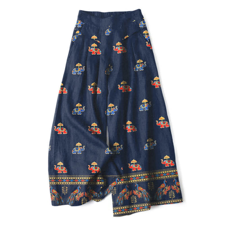 Buddha Stones Pantaloni da donna in cotone e lino, stile bohémien, a gamba larga con elastico in vita e tasche, con stampa elefante e motivo a elefanti. - Blu notte - US16, UK/AU20, EU48 (3XL) - image 0