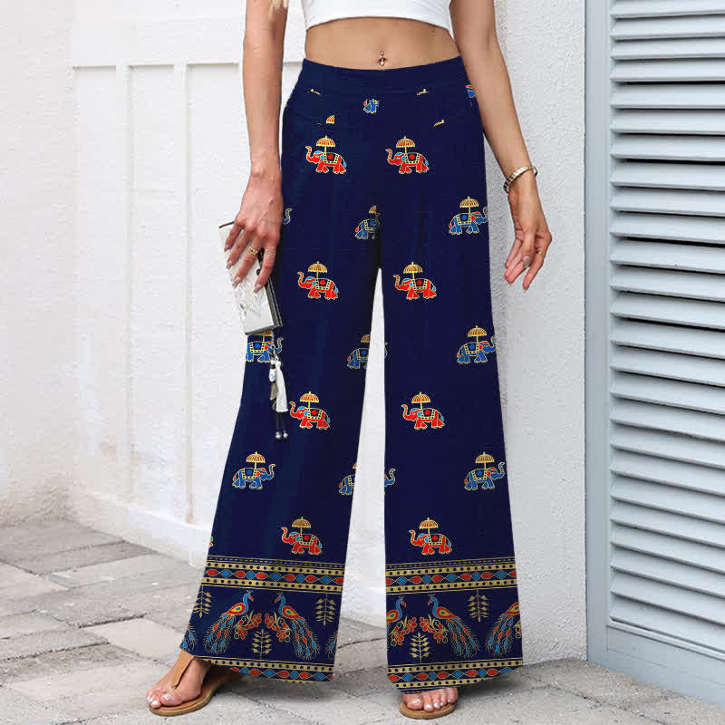 Buddha Stones Pantaloni da donna in cotone e lino, stile bohémien, a gamba larga con elastico in vita e tasche, con stampa elefante e motivo a elefanti. - image 1