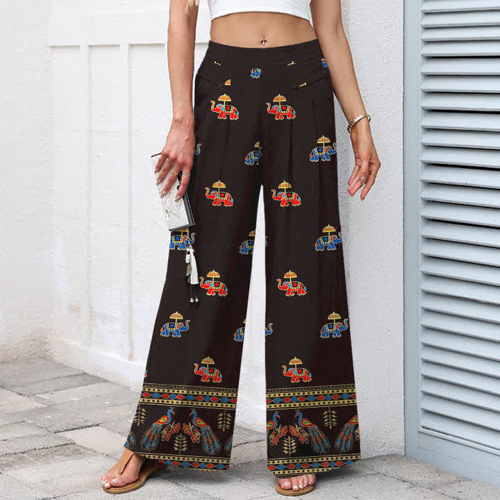 Buddha Stones Pantaloni da donna in cotone e lino, stile bohémien, a gamba larga con elastico in vita e tasche, con stampa elefante e motivo a elefanti. - image 5