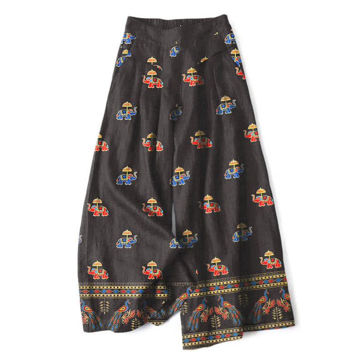 Buddha Stones Pantaloni da donna in cotone e lino, stile bohémien, a gamba larga con elastico in vita e tasche, con stampa elefante e motivo a elefanti. - Marrone sella - US16, UK/AU20, EU48 (3XL) - image 4