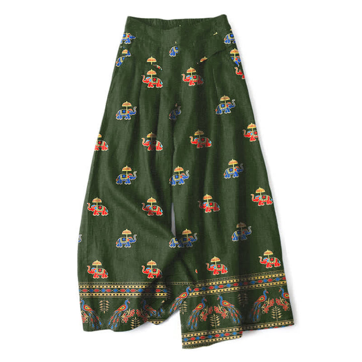 Buddha Stones Pantaloni da donna in cotone e lino, stile bohémien, a gamba larga con elastico in vita e tasche, con stampa elefante e motivo a elefanti. - Verde scuro - US16, UK/AU20, EU48 (3XL) - image 6