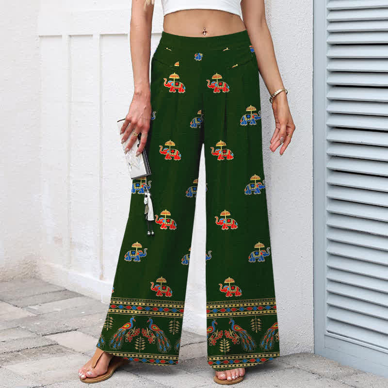 Buddha Stones Pantaloni da donna in cotone e lino, stile bohémien, a gamba larga con elastico in vita e tasche, con stampa elefante e motivo a elefanti. - image 7