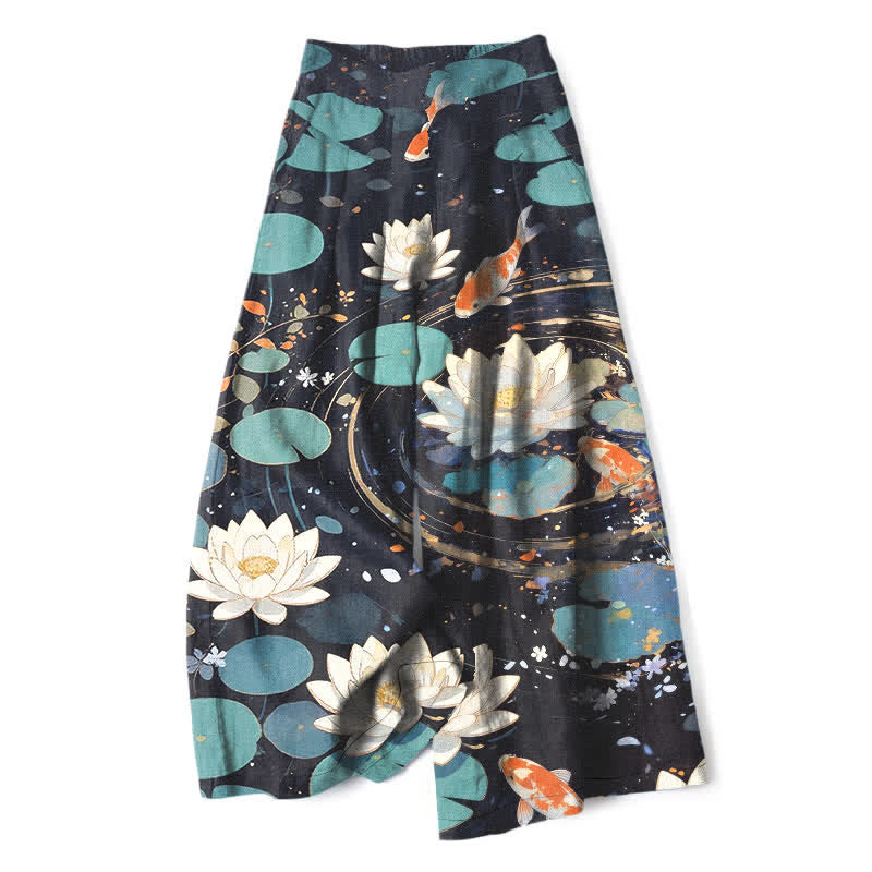 Buddha Stones Pantaloni da donna in cotone e lino con elastico in vita e gamba larga, fantasia loto e carpe koi, con tasche. - Nero - US16, UK/AU20, EU48 (3XL) - image 0