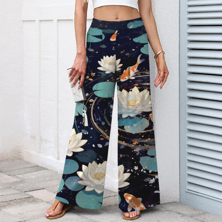 Buddha Stones Pantaloni da donna in cotone e lino con elastico in vita e gamba larga, fantasia loto e carpe koi, con tasche. - image 1