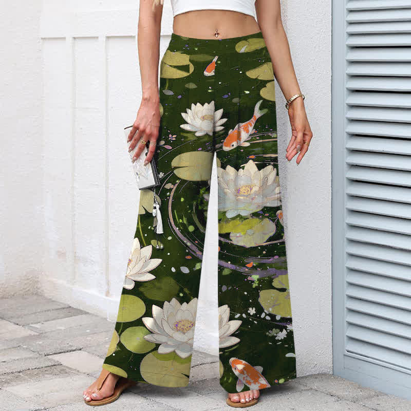 Buddha Stones Pantaloni da donna in cotone e lino con elastico in vita e gamba larga, fantasia loto e carpe koi, con tasche. - image 7