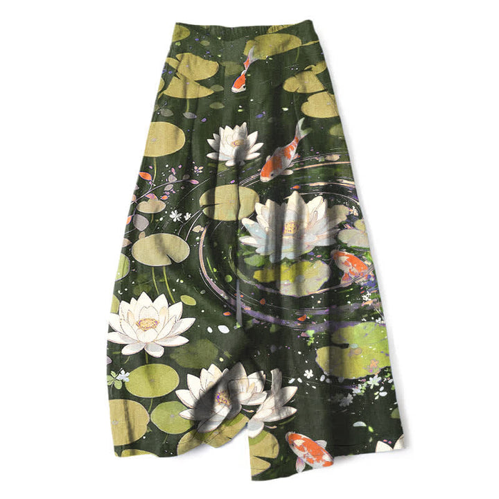 Buddha Stones Pantaloni da donna in cotone e lino con elastico in vita e gamba larga, fantasia loto e carpe koi, con tasche. - Verde oliva scuro - US16, UK/AU20, EU48 (3XL) - image 6