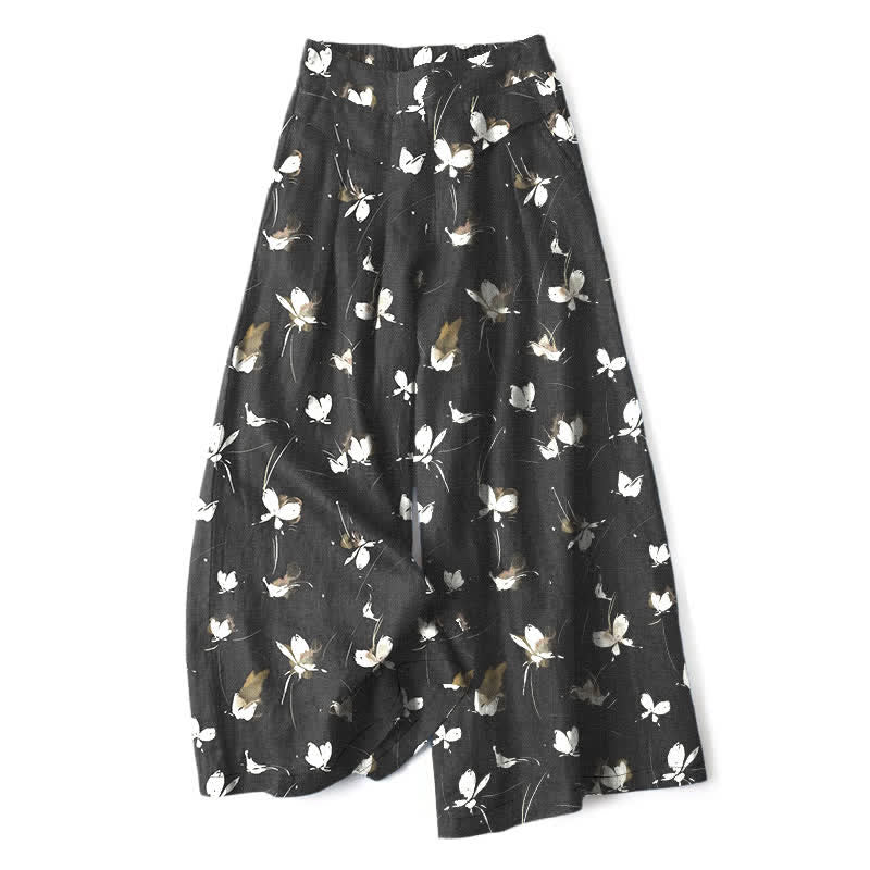Buddha Stones Pantaloni da donna a gamba larga, in cotone e lino, stile vintage, con stampa floreale e farfalle bianche, vita elasticizzata e tasche. - Nero - US16, UK/AU20, EU48 (3XL) - image 0