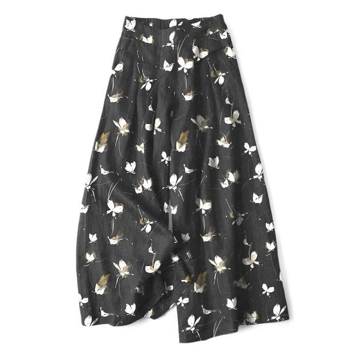 Buddha Stones Pantaloni da donna a gamba larga, in cotone e lino, stile vintage, con stampa floreale e farfalle bianche, vita elasticizzata e tasche. - Nero - US16, UK/AU20, EU48 (3XL) - image 0
