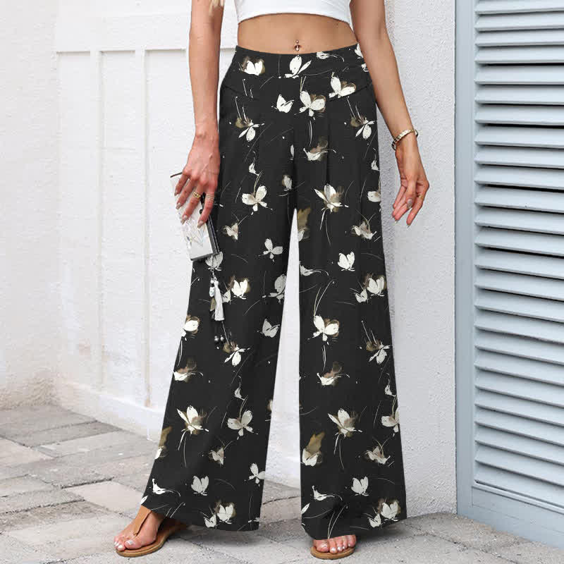 Buddha Stones Pantaloni da donna a gamba larga, in cotone e lino, stile vintage, con stampa floreale e farfalle bianche, vita elasticizzata e tasche. - image 1