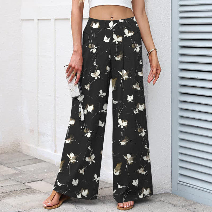Buddha Stones Pantaloni da donna a gamba larga, in cotone e lino, stile vintage, con stampa floreale e farfalle bianche, vita elasticizzata e tasche. - image 1