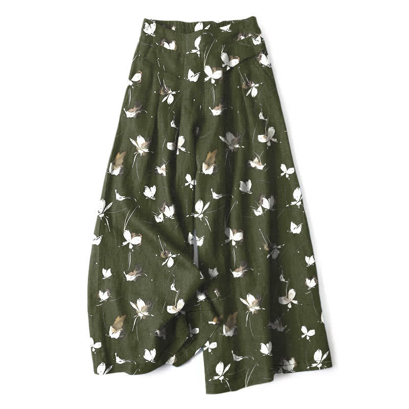 Buddha Stones Pantaloni da donna a gamba larga, in cotone e lino, stile vintage, con stampa floreale e farfalle bianche, vita elasticizzata e tasche. - Verde oliva scuro - US16, UK/AU20, EU48 (3XL) - image 4