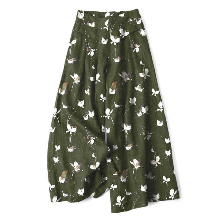 Buddha Stones Pantaloni da donna a gamba larga, in cotone e lino, stile vintage, con stampa floreale e farfalle bianche, vita elasticizzata e tasche. - Verde oliva scuro - US16, UK/AU20, EU48 (3XL) - image 4