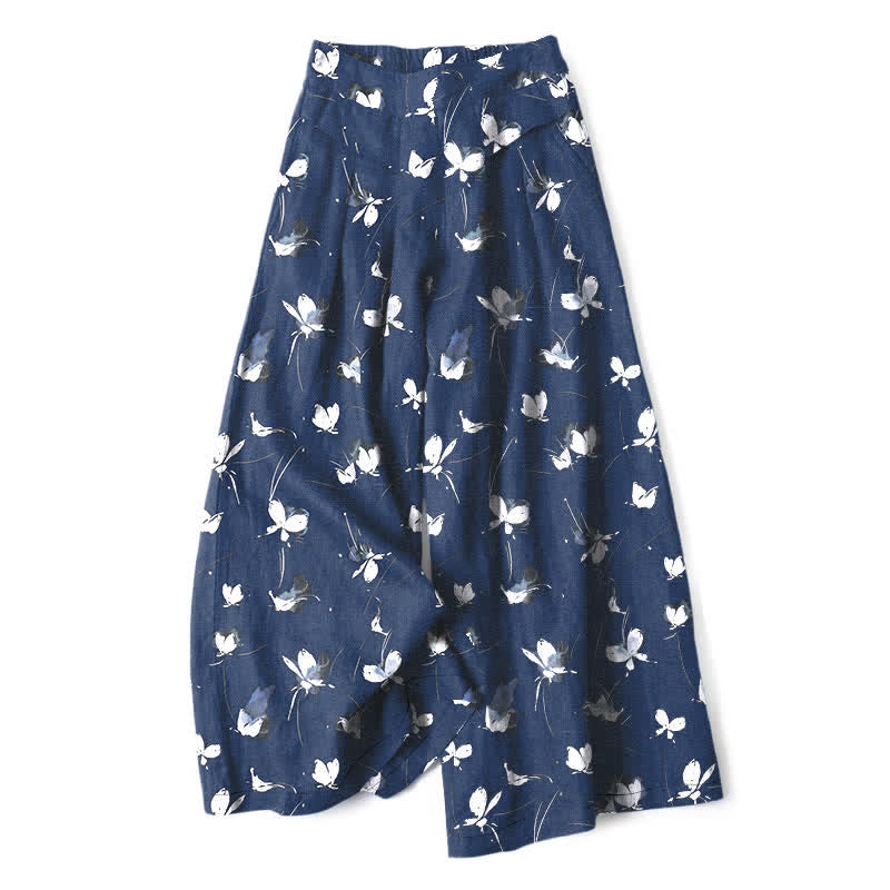 Buddha Stones Pantaloni da donna a gamba larga, in cotone e lino, stile vintage, con stampa floreale e farfalle bianche, vita elasticizzata e tasche. - Blu notte - US16, UK/AU20, EU48 (3XL) - image 6