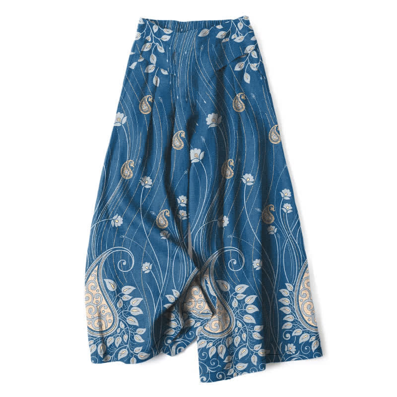 Buddha Stones Pantaloni da donna a gamba larga con elastico in vita e tasche, in cotone e lino, con motivo floreale paisley a righe. - SteelBlue - US16, UK/AU20, EU48 (3XL) - image 0