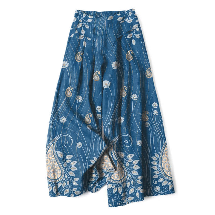 Buddha Stones Pantaloni da donna a gamba larga con elastico in vita e tasche, in cotone e lino, con motivo floreale paisley a righe. - SteelBlue - US16, UK/AU20, EU48 (3XL) - image 0