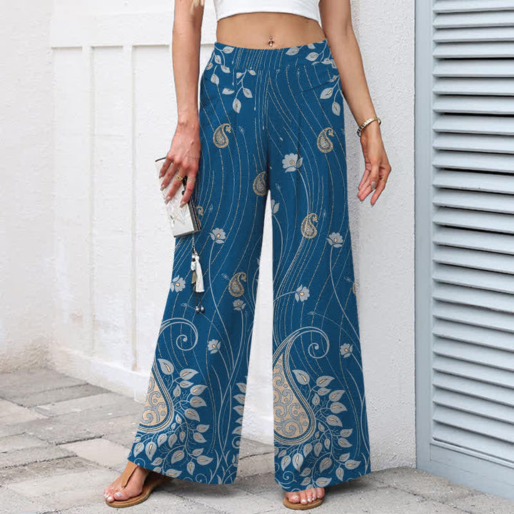 Buddha Stones Pantaloni da donna a gamba larga con elastico in vita e tasche, in cotone e lino, con motivo floreale paisley a righe. - image 1