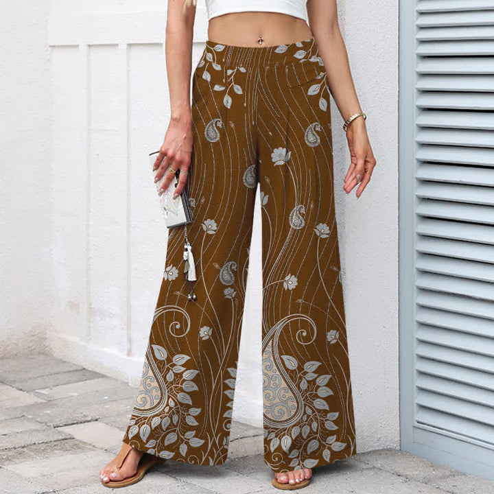 Buddha Stones Pantaloni da donna a gamba larga con elastico in vita e tasche, in cotone e lino, con motivo floreale paisley a righe. - image 5