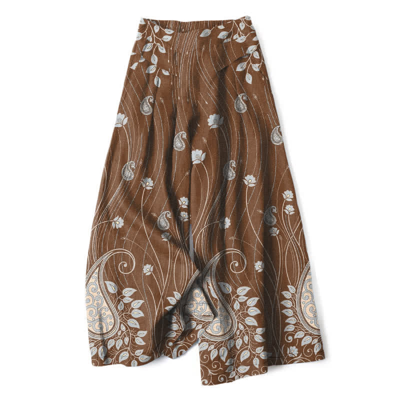 Buddha Stones Pantaloni da donna a gamba larga con elastico in vita e tasche, in cotone e lino, con motivo floreale paisley a righe. - Siena - US16, UK/AU20, EU48 (3XL) - image 4