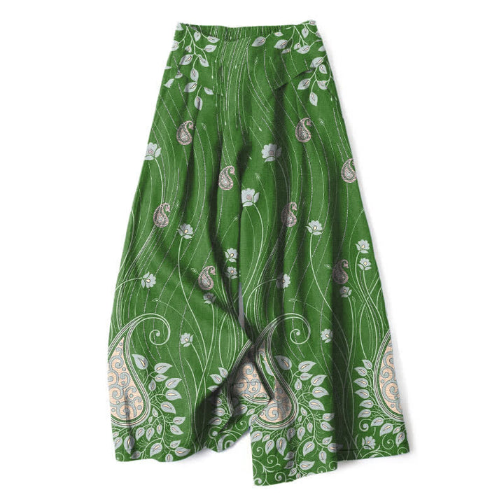 Buddha Stones Pantaloni da donna a gamba larga con elastico in vita e tasche, in cotone e lino, con motivo floreale paisley a righe. - Verde studentesco - US16, UK/AU20, EU48 (3XL) - image 6