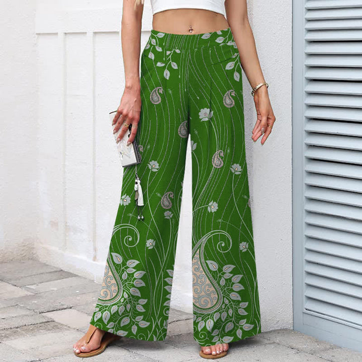Buddha Stones Pantaloni da donna a gamba larga con elastico in vita e tasche, in cotone e lino, con motivo floreale paisley a righe. - image 7