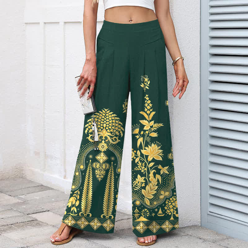 Buddha Stones Pantaloni da donna in cotone e lino, stile bohémien, con elastico in vita e gamba larga, con tasche, fantasia floreale dorata e vita elasticizzata. - image 1