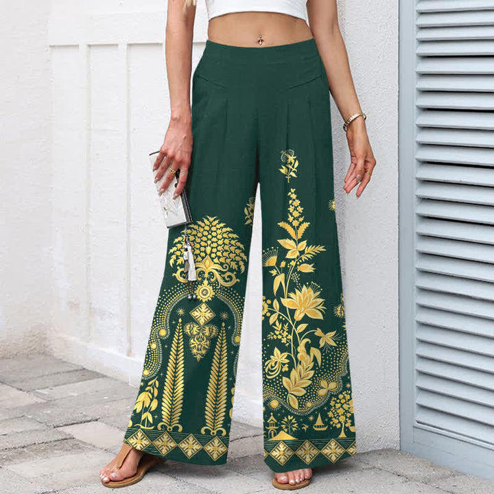 Buddha Stones Pantaloni da donna in cotone e lino, stile bohémien, con elastico in vita e gamba larga, con tasche, fantasia floreale dorata e vita elasticizzata. - image 1