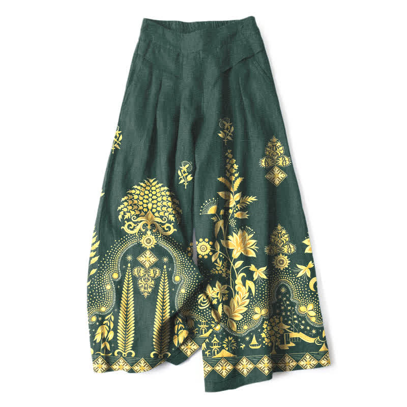 Buddha Stones Pantaloni da donna in cotone e lino, stile bohémien, con elastico in vita e gamba larga, con tasche, fantasia floreale dorata e vita elasticizzata. - Verde scuro - US16, UK/AU20, EU48 (3XL) - image 0