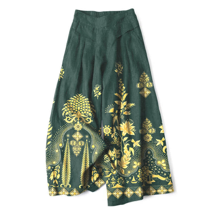 Buddha Stones Pantaloni da donna in cotone e lino, stile bohémien, con elastico in vita e gamba larga, con tasche, fantasia floreale dorata e vita elasticizzata. - Verde scuro - US16, UK/AU20, EU48 (3XL) - image 0