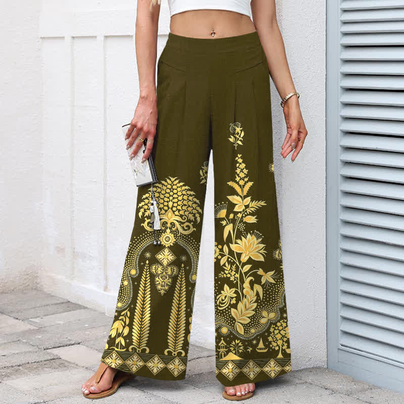 Buddha Stones Pantaloni da donna in cotone e lino, stile bohémien, con elastico in vita e gamba larga, con tasche, fantasia floreale dorata e vita elasticizzata. - image 5