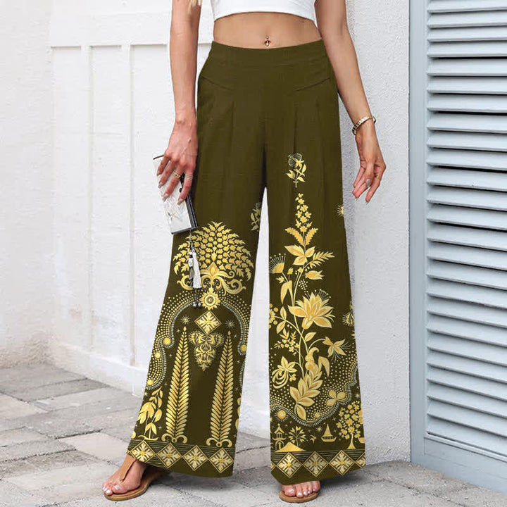 Buddha Stones Pantaloni da donna in cotone e lino, stile bohémien, con elastico in vita e gamba larga, con tasche, fantasia floreale dorata e vita elasticizzata. - image 5